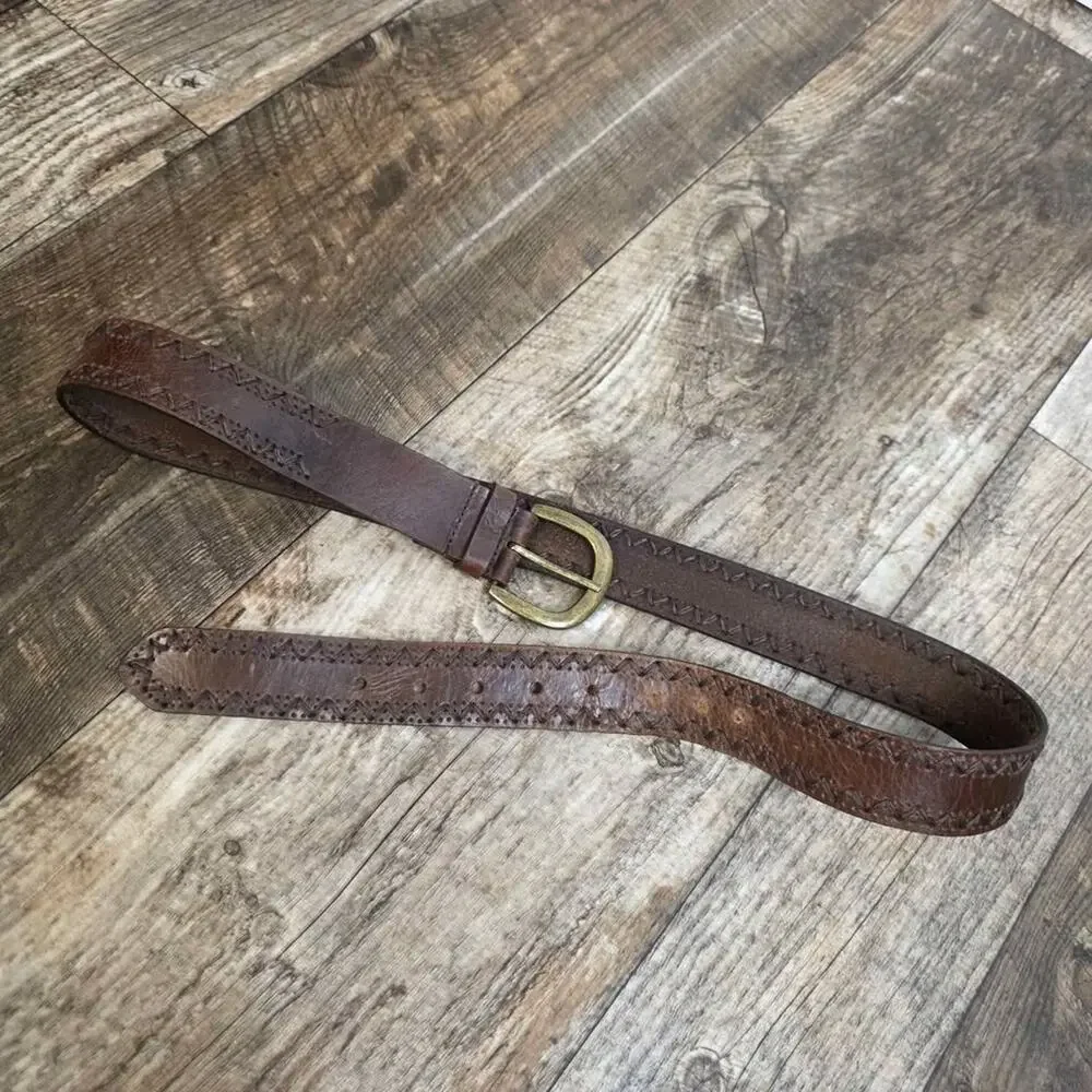 Vintage Brown Leather Zig Zag Stitched Belt Boho Western Distressed